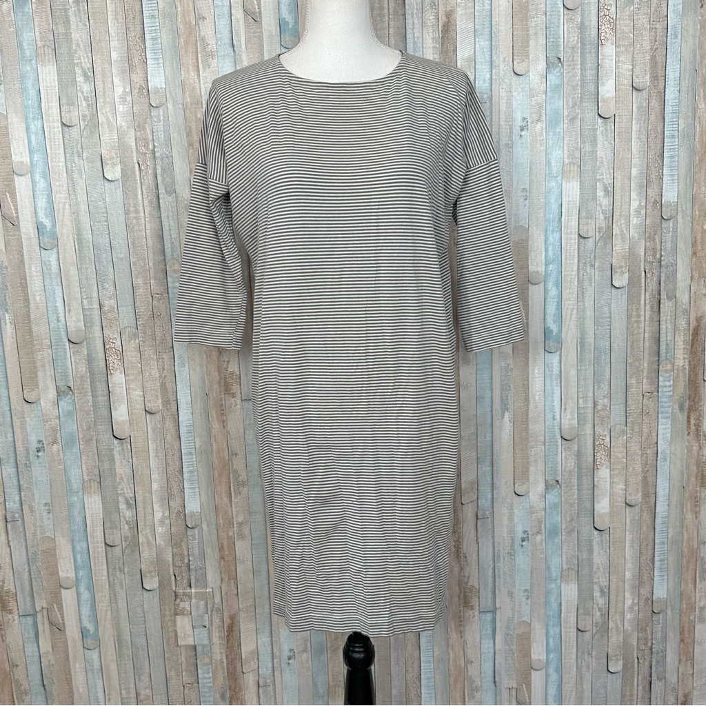Samuji S Gray Stripe Knit Drop Shoulder 3/4 Sleeve Tunic Mini T Shirt Dress $205